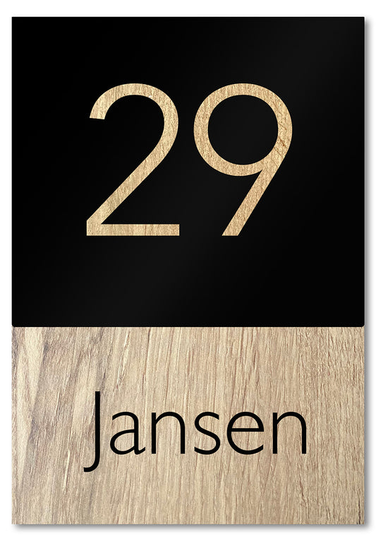 Naambordje Voordeur Rechthoek Laren - Zwart met Eiken - Modern design met naam & huisnummer